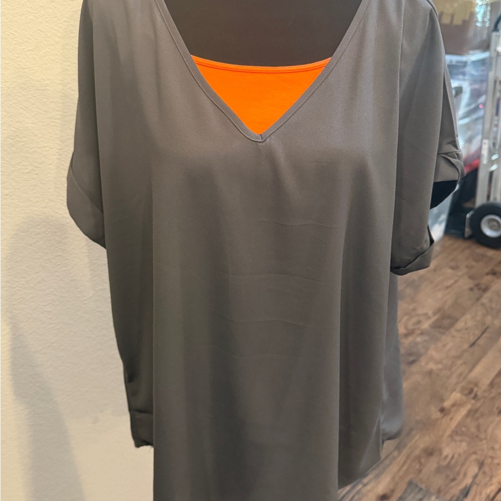 Zenana Outfitters Gray V-Neck Blouse with Orange Detail